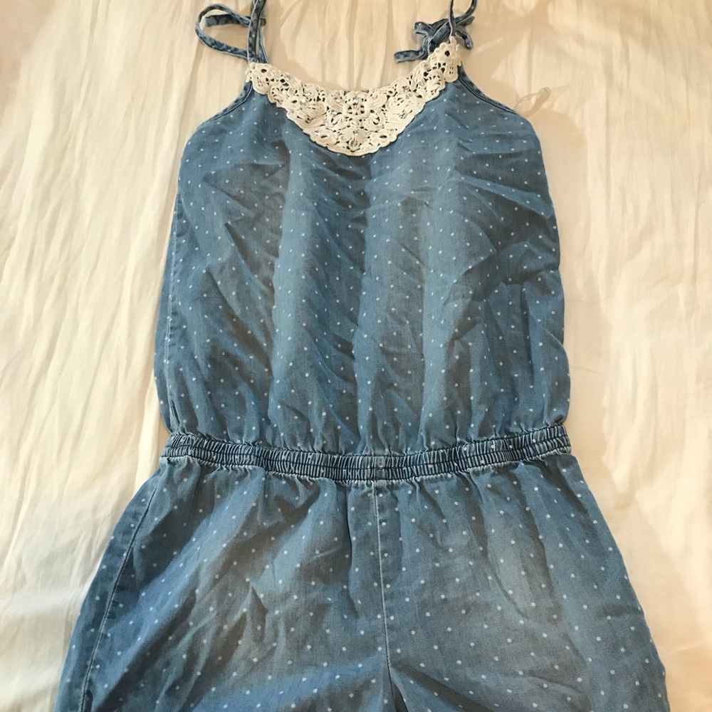 Justice polka dot denim romper size 10